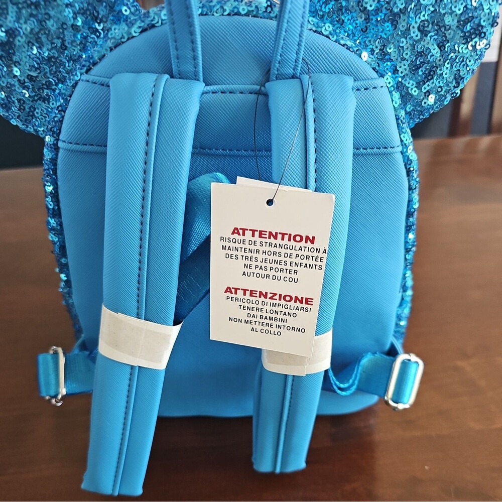 Disney Parks Loungefly Mini Backpack Blue Sequin Minnie Mouse Hydrangea & Ears - Picture 4 of 6